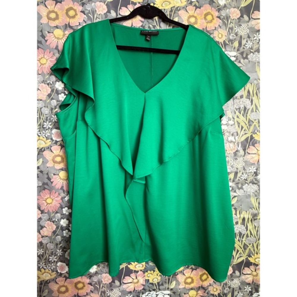 Lane Bryant Women Emerald Green Flutter Sleeve V Neck Ruffle Top Plus‎ Size 24